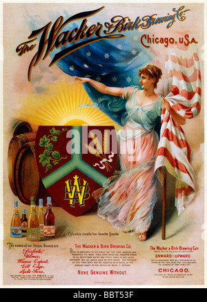 Wacker and Birk Brewing Co 1890 poster for the Chicago brewers patriotically showing the American flag over the barrel Stock Photo