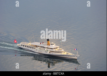 The Swiss paddle steamer ‘Vevey’ on Lac Leman. Space for text on the water. Stock Photo