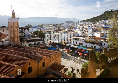 View over Grand Mosque from Kasbah, Chefchaouen, Morocco Stock Photo