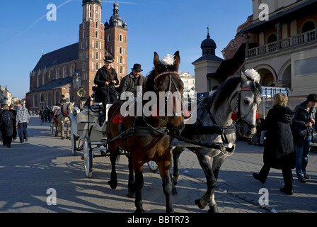 Horse drawn carriage in Rynek Glowny, the main square in Krakow, Poland Stock Photo