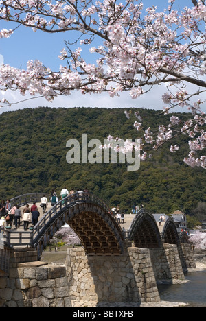 Most famous classic traditional arched bridge in Japan is the Kintai Bridge, or Kintaikyo, in Iwakuni crossing the Nishiki River Stock Photo