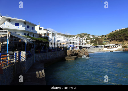 A view of the seafront at Chora Sfakion on the south coast of Crete Greece. No identifiable people, hotel name removed Stock Photo