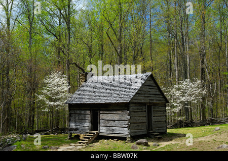 Cabin at Jim Bales Place on the Roaring Fork Motor Nature Trail in Great Smoky Mountains National Park Tennessee Stock Photo