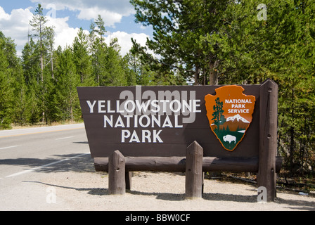 Yellowstone National Park entrance sign, West Yellowstone, Montana, USA ...