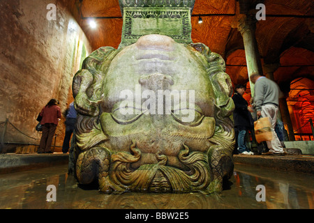 Monumental head of a medusa, upside down, Yerebatan Sarayi, Byzantine cistern, Sultanahmet, Istanbul, Turkey Stock Photo