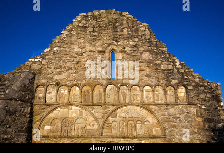 13th Century Romanesque Biblical Carvings on the Gable of St Declan's Cathedral, Ardmore, Co Waterford, Ireland Stock Photo