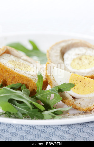 Fresh Tasty Scotch Eggs with Rocket Leaves And No People Stock Photo