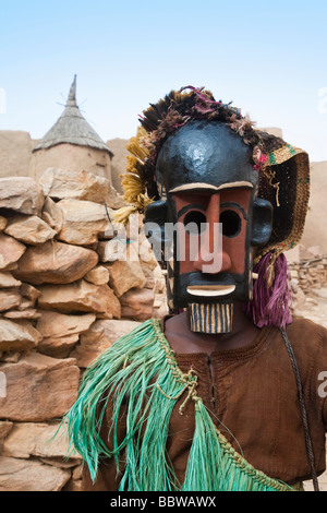 Africa West Africa Mali Dogon Country Bandiagara escarpment Masked Ceremonial Dogon Dancer near Sangha Stock Photo