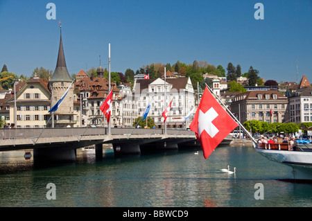 Lake Lucerne and city scene with Swiss flags, Switzerland Stock Photo