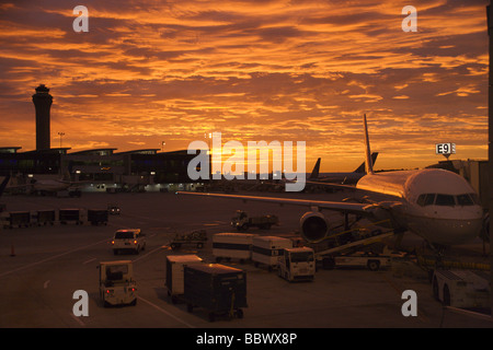 Airliners at terminal, sunrise, Houston International Airport Stock Photo