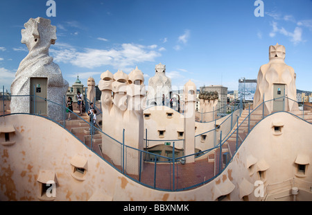 Chimneys on Casa Mila by Antoni Gaudi Barcelona Spain Stock Photo