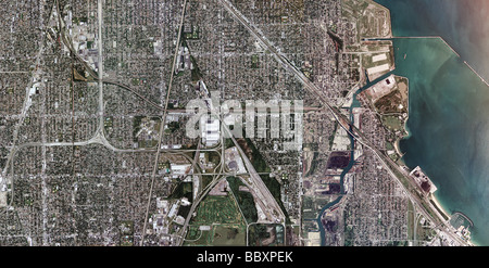 aerial map view above Chicago Illinois south Lake Michigan waterfront Stock Photo