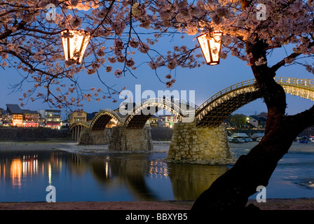 Most famous classic traditional arched bridge in Japan is the Kintai Bridge, or Kintaikyo, in Iwakuni crossing the Nishiki River Stock Photo