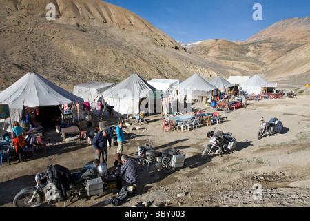 Pang tent village and bikers. Manali Leh road. Ladakh. India Stock Photo