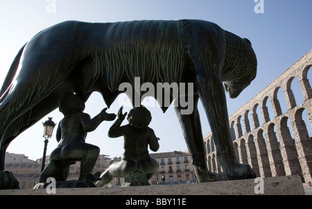 Capitoline Wolf statue and Roman Aqueduct Segovia Spain Stock Photo