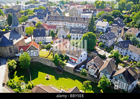 Town view, view from the castle on the historic town of Blankenstein with half-timbered houses, Blankenstein, Hattingen, North  Stock Photo