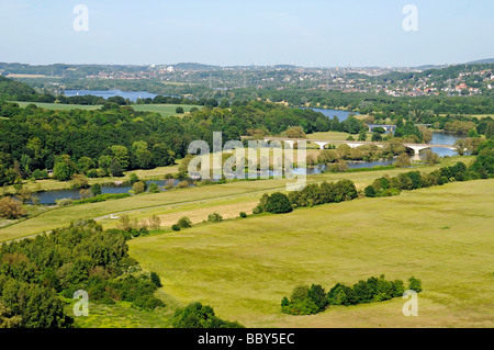 View of the Ruhr valley with the river Ruhr and Kemnader See lake from the castle Blankenstein, Hattingen, North Rhine-Westphal Stock Photo