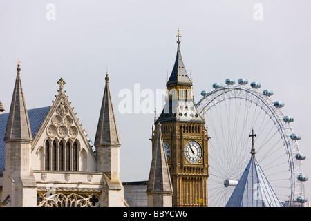 London England UK Big Ben Millennium Wheel ferris  Westminster Abbey roof top Skyline Stock Photo
