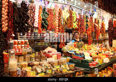 Fruit and vegetable stall La Boqueria market hall Barcelona Catalunya Spain Stock Photo