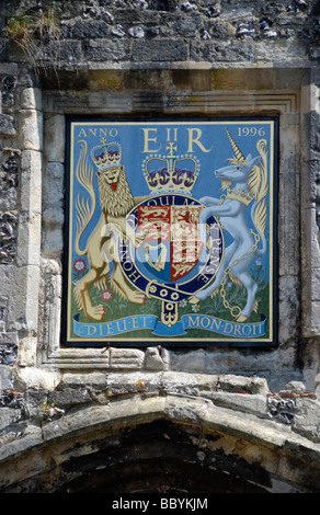 Queen Elizabeth II royal crest above Priory Gate Winchester Hampshire England Stock Photo