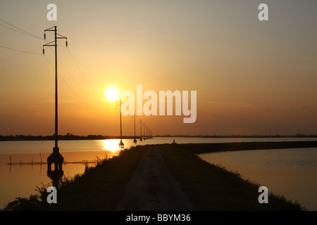 Sunset and silhouetted power cables pylons, supplying albarella island, italy Stock Photo