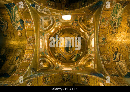 Greek Byzantine gold mosaics in dome of church of the Martorana, Palermo, Sicily, Italy, Europe Stock Photo