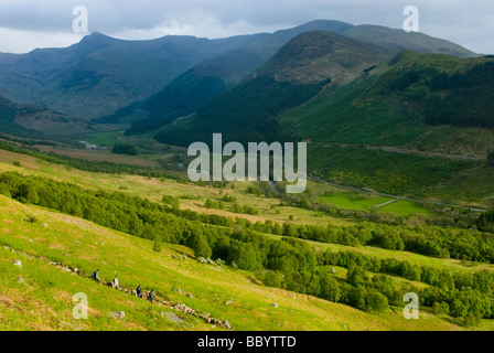 Glen Nevis and the Nevis Range from the lower portion of the walking trail up to Ben Nevis the highest peak Munro in Scotland Stock Photo