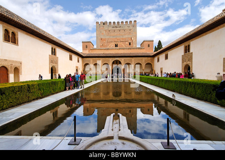 Court of the myrtles and Torre de Comares, Alhambra, Granada, Andalusia, Spain, Europe Stock Photo