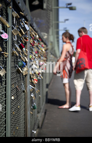 Art project with padlocks on the Hohenzollernbruecke Bridge, Cologne, Rhineland, North Rhine-Westphalia, Germany, Europe Stock Photo