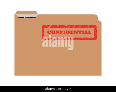 Opened brown envelope with confidential stamp and top secret document showing Stock Photo