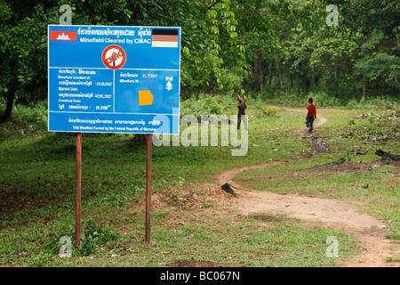 [Cleared minefield] sign, 'Beng Mealea' jungle, Angkor, Cambodia Stock Photo