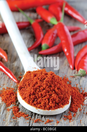 close up of spoon heaped with chilli powder with red chillies in background Stock Photo