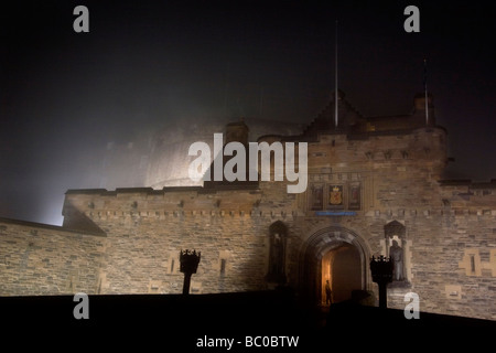 Edinburgh Castle front gate from the Esplanade on a foggy night Stock Photo