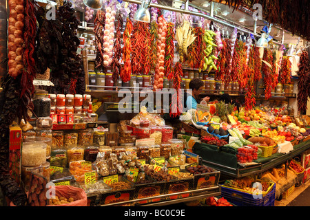 Fruit and vegetable stall La Boqueria market hall Barcelona Catalunya Spain Stock Photo