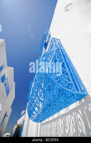 TUNIS, TUNISIA. Ornate, blue window grille on a house in Sidi bou Said outside Tunis. 2009. Stock Photo