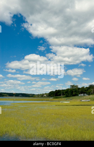 A beautiful marsh in Connecticut on a sunny day with dramatic cumulus clouds in a blue sky,  and osprey nest Stock Photo