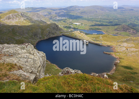 Llyn Stwlan, the upper reservoir for the Ffestiniog Pumped Storage Scheme hydroelectric power generation plant. Stock Photo
