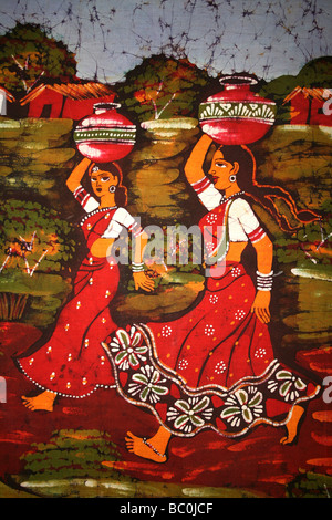 Batik Showing Traditional Village Scene With Indian Ladies Carrying Water Jugs Stock Photo