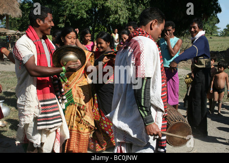 Traditional Dancing And Entertainment of Mishing Tribe Villagers, Assam, India Stock Photo