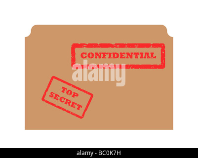 Red secret and confidential stamp on brown envelope isolated on white background Stock Photo