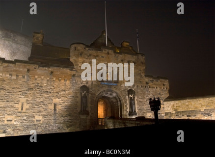 Edinburgh Castle front gate from the Esplanade on a foggy night Stock Photo