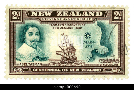 Old postage stamp with Abel Tasman, first European to reach the west coast of New Zealand Stock Photo