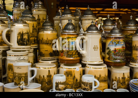 Souvenir beer steins at Havelska market in old town Prague Czech Republic Europe Stock Photo