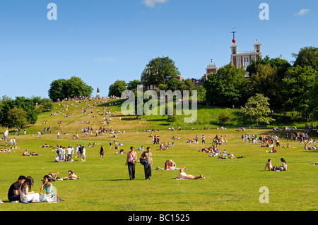 LONDON, United Kingdom — A sunny summer day in Greenwich Park, one of London's eight Royal Parks, with the historic Royal Observatory visible at the top right of the frame. The Observatory, home to the Prime Meridian line, stands atop a hill overlooking the expansive green space. This view captures the harmonious blend of natural beauty and scientific significance that defines Greenwich Park, a UNESCO World Heritage Site. Stock Photo