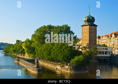 Sitkov water tower and Manes art gallery in Slovansky ostrov island in New Town of Prague Czech Republic Europe Stock Photo