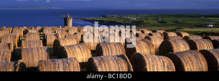 Hay Bales lined up in a field with a castle in the background Stock Photo
