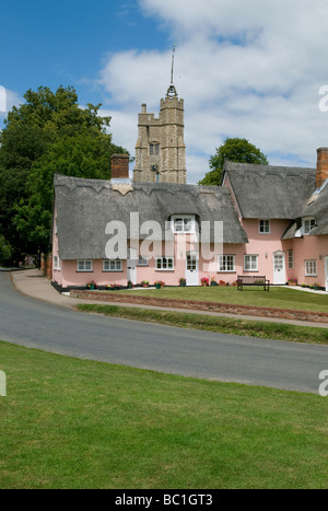 pink thatched cottages, cavendish, suffolk, england Stock Photo