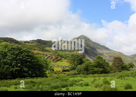 Cnicht, the 'Matterhorn of Wales', a peak in the Moelwyns range of mountains, Snowdonia. Viewed from the village of Croesor Stock Photo
