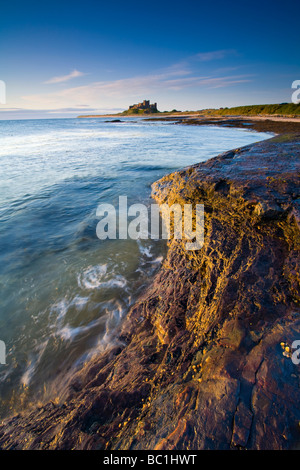 England Northumberland Bamburgh Bamburgh Castle beach and dunes viewed shortly after sunrise from Harkess Rocks Stock Photo