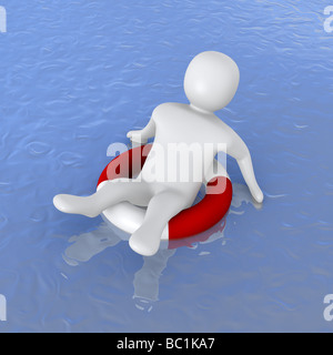 Man with life ring in ocean Stock Photo